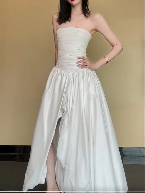 Strapless Satin Pleated A-Line Bridesmaid Dresses Elegant Backless Fashion White Evening Dresses with Slit