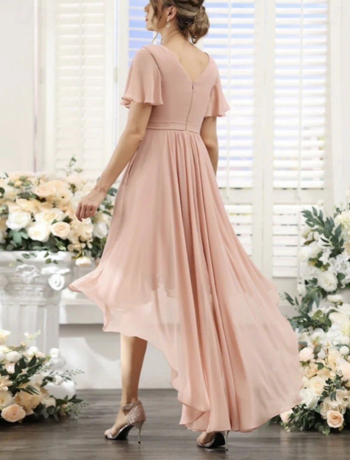 A-Line Bridesmaid Dress V Neck Short Sleeve Elegant Asymmetrical Chiffon with Ruching