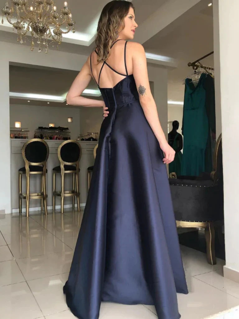 Simple V Neck Open Back Dark Blue Satin Formal Graduation Evening Dresses