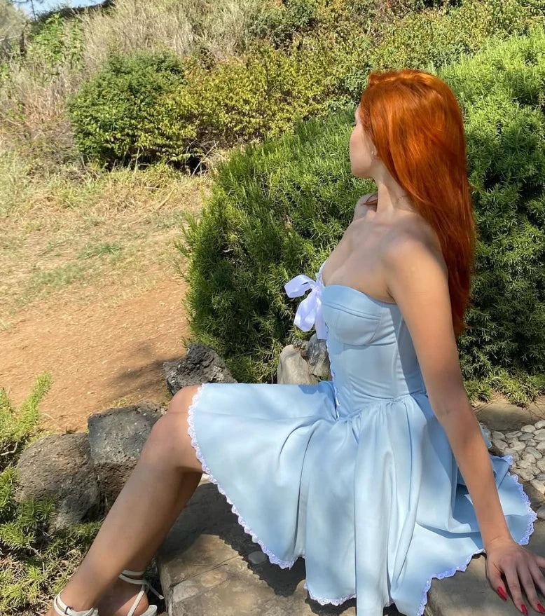 Princess A Line Sweetheart Neck Sky Blue Satin Short Homecoming Dress