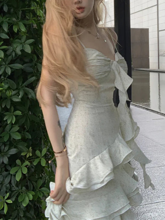 Sweet hot girl style irregular ruffled floral suspender long party dress