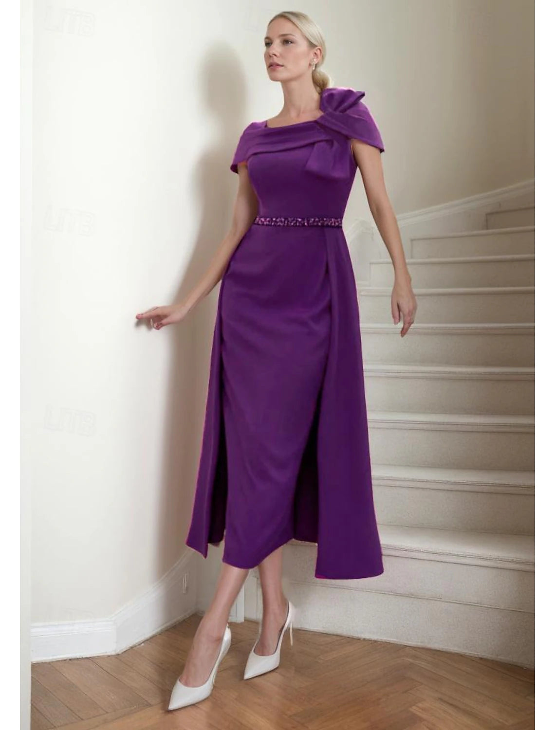 Sheath Mother of the Bride Dress Elegant Square Neck Tea Length Stretch Fabric Short Sleeve with Bow(s) Tier Solid Color Derby Dress Race Day Dress