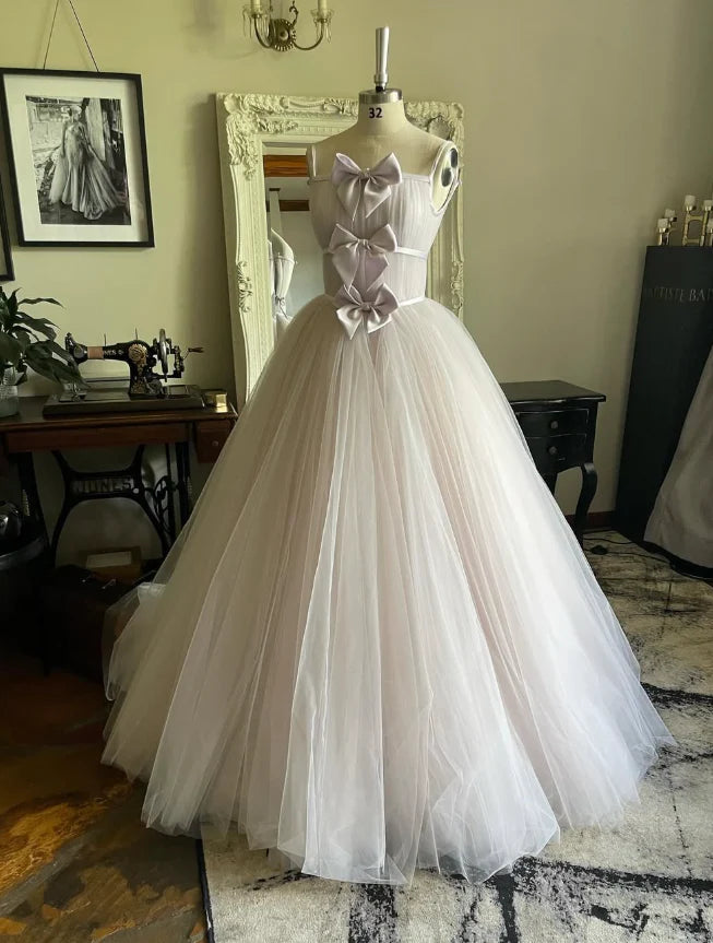 Stunning A Line Spaghetti Strap Bow Light Purple Tulle Long Party Dress