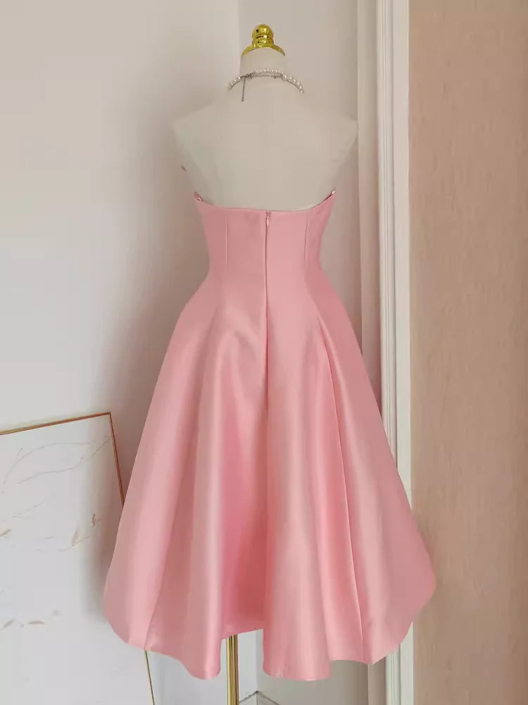Cute A line Strapless Pink Vacation Dress Satin Retract Your Waist Women Prom Dresses