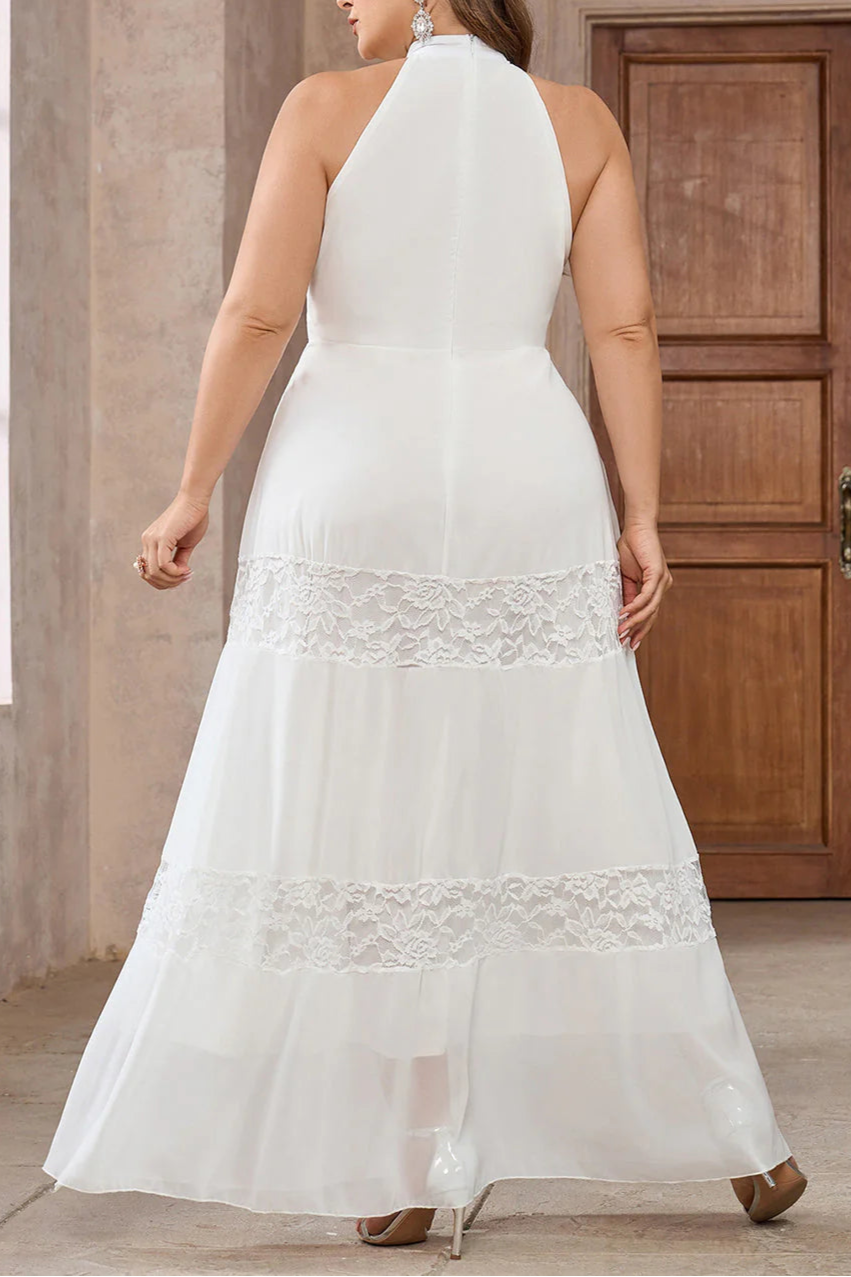 Unique design White A-Line Halter Lace Retract Your Waist Long Party Dress