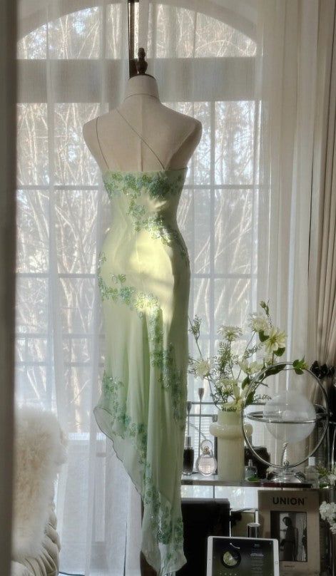 One Shoulder Beaded Chiffon Party Dress Gentle Green Sheath Evening Dress