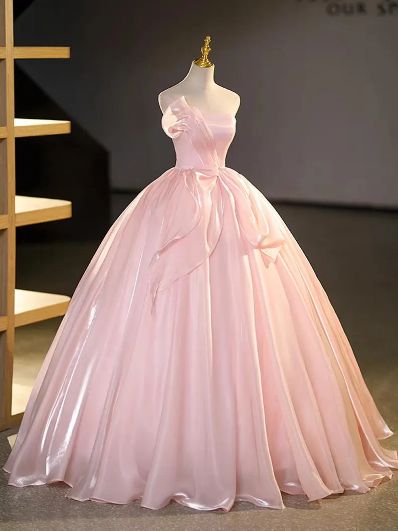 Elegant Strapless Light Pink Satin Ball Gown Classic fit Prom Dress
