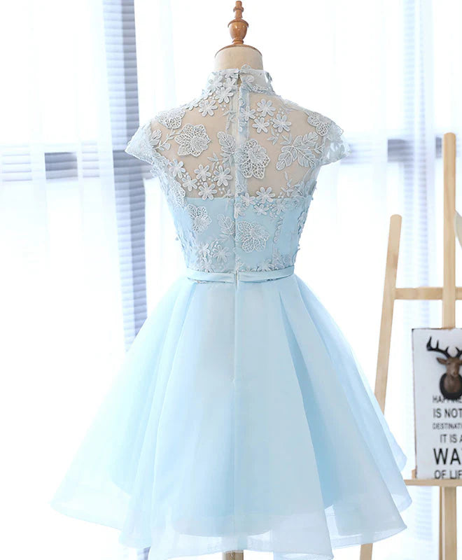 Light Blue Applique Short Prom Dress, Appropriate color matching Homecoming Dress