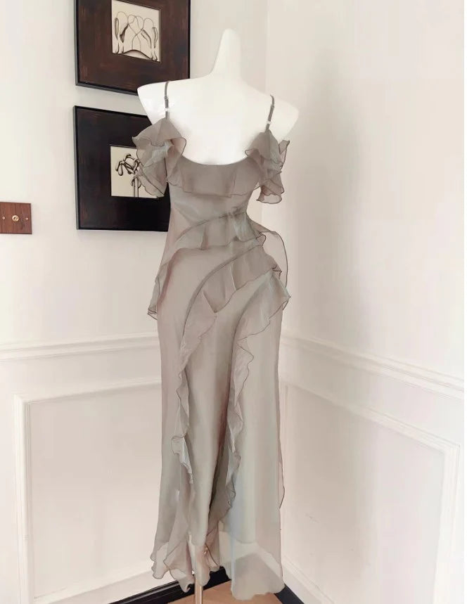 French Elegant Spaghetti Straps Ruffled Tulle Sheath Retract Your Waist Evening Dress