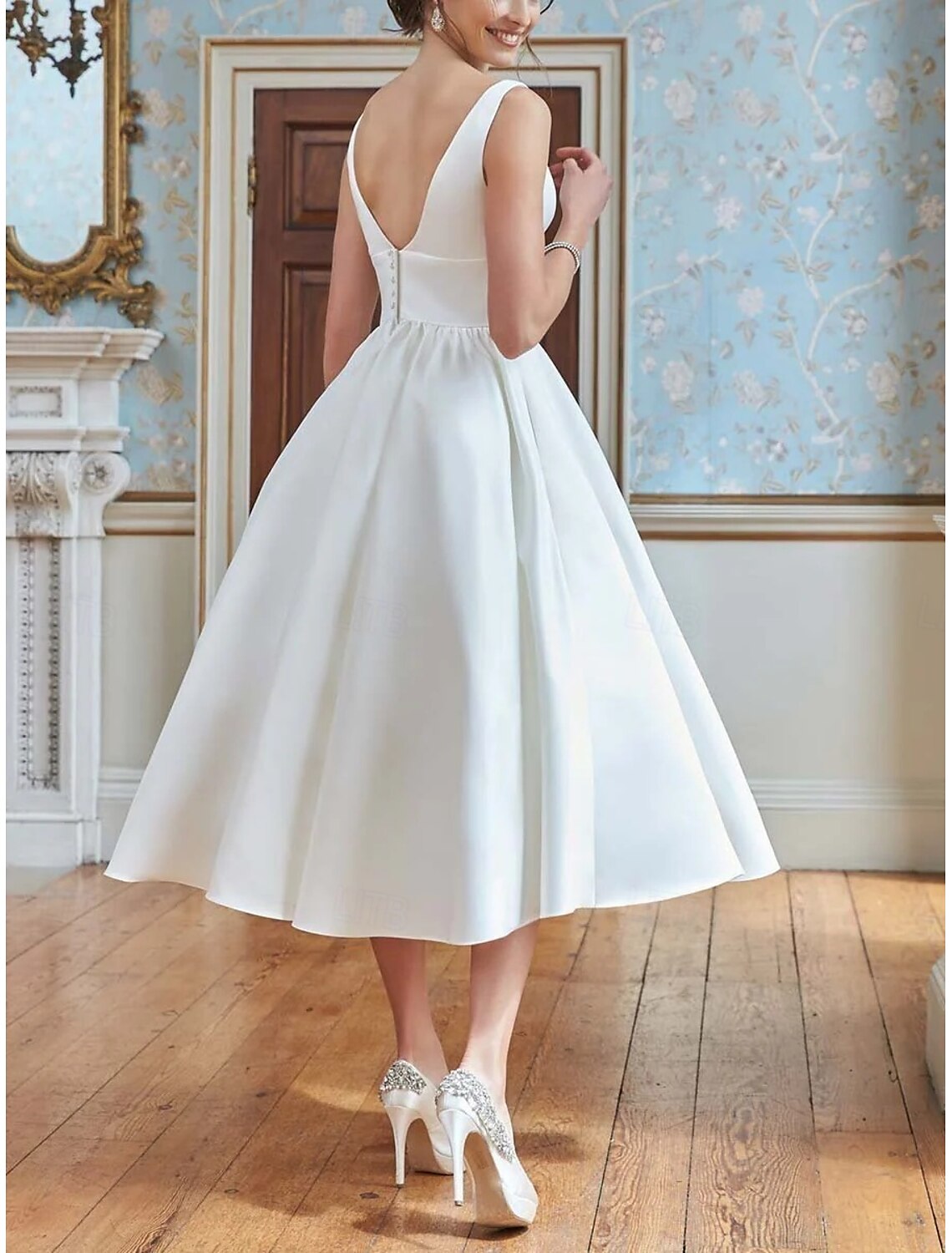 Engagement Little Graduation White Sleeveless Tea Length Dresses Wedding Dresses A-Line V Neck Satin Bridal Gowns With Pleats Solid Color