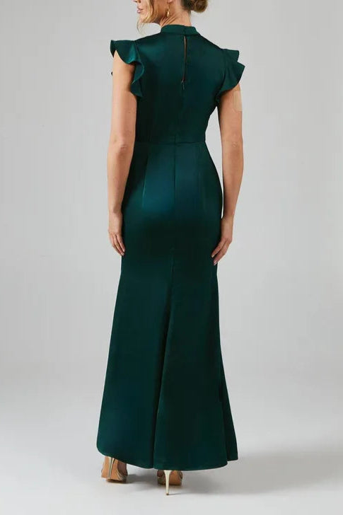 Flutter Sleeve High Neck Satin Unique design Bridesmaid Maxi Dress