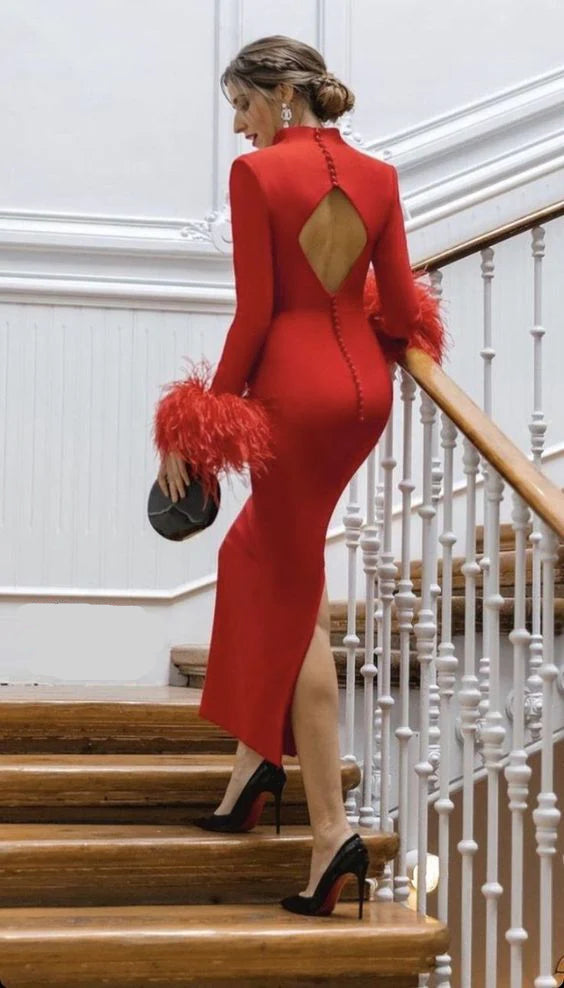 Full of charm feather patchwork long sleeves slim-fit elegant prom dress