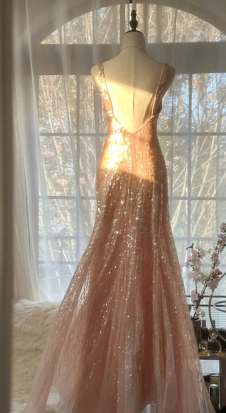 A Line V Neck Beaded Sequin Prom Dress Champagne Shiny Evening Dress