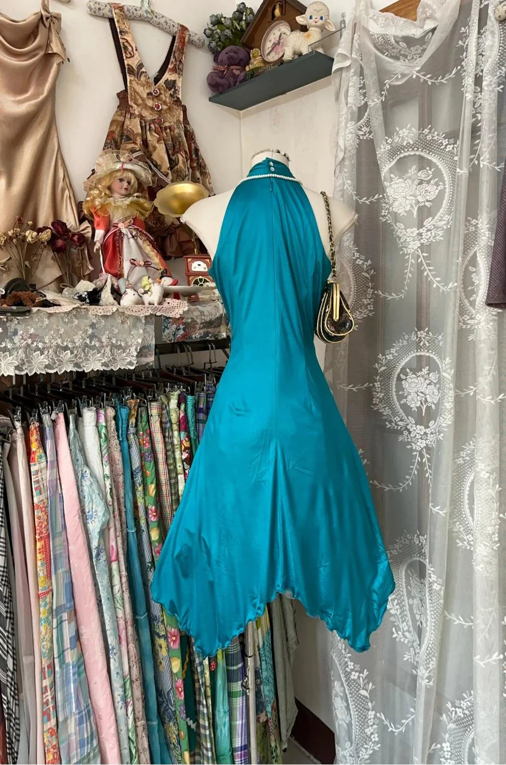 A-line Halter Satin Prom Dress Turquoise Sexy Sleeveless Party Dress