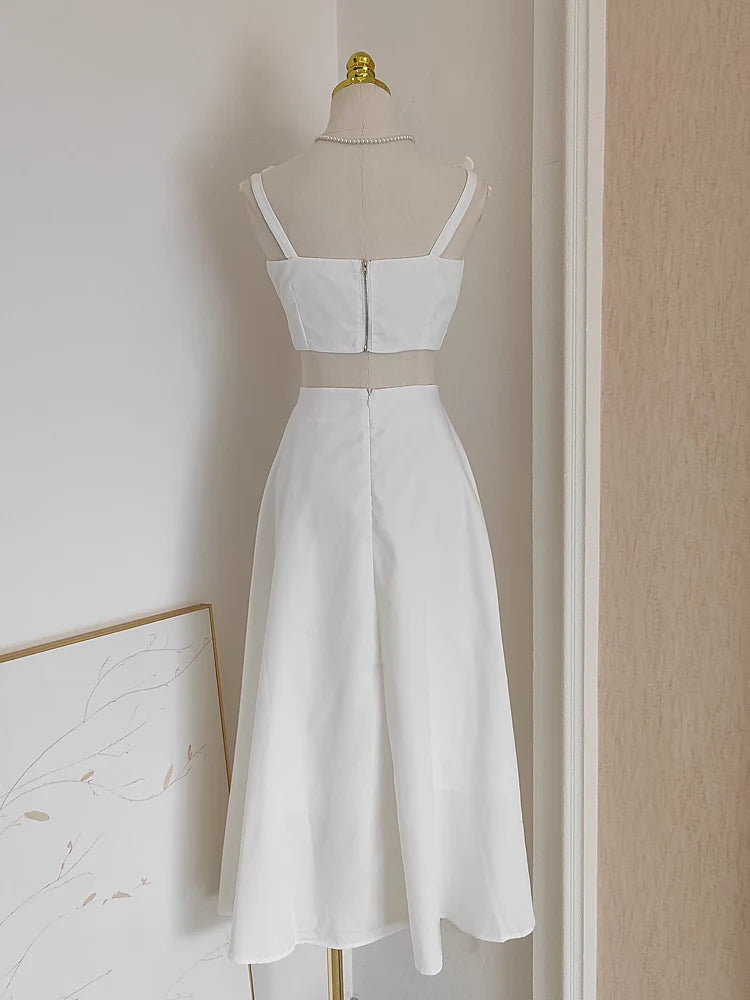 A line Straps White Satin Dinner Party Dresses Sexy Show your waist Birthday Outfits