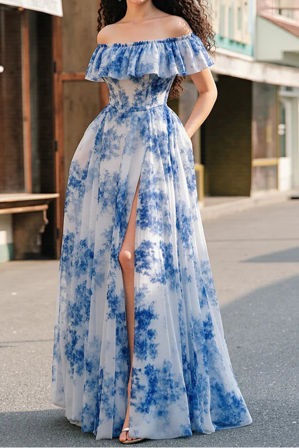 Off The Shoulder White Blue Flower Retract Your Waist Prom Dress With Slit