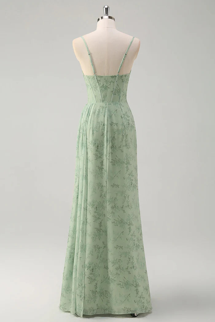 Mermaid Dusty Sage Floral Corset Ruched Long Party Dress with Slit