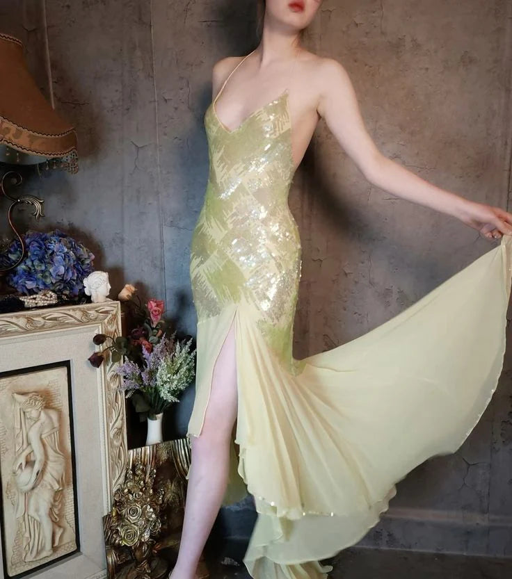 Spaghetti Strap Sequin Chiffon Prom Dress Gentle Green Mermaid Evening Dress