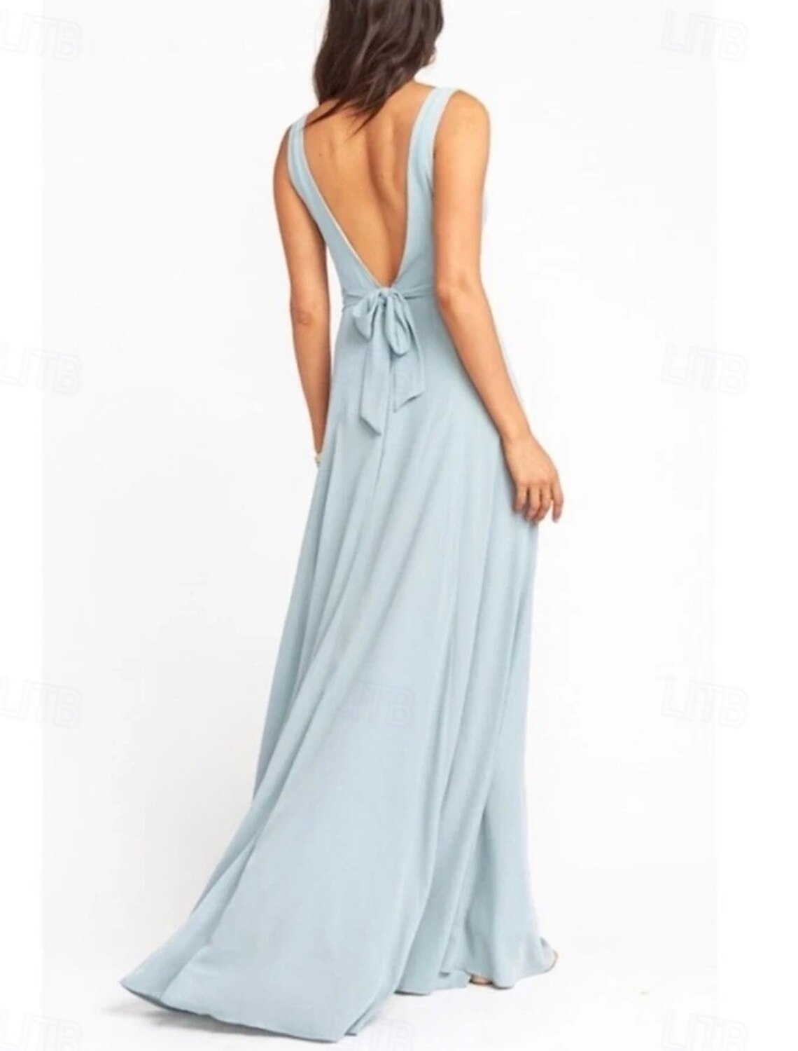 A-Line Bridesmaid Dress V Neck Sleeveless Blue Floor Length Chiffon with Sash