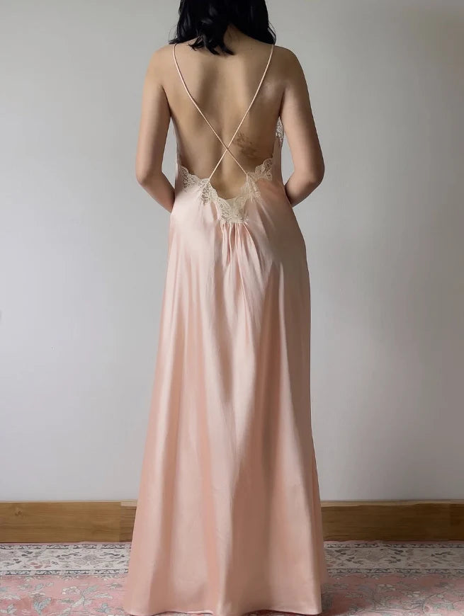 Elegant A Line Spaghetti Straps Lace Light Pink Satin Prom Dress