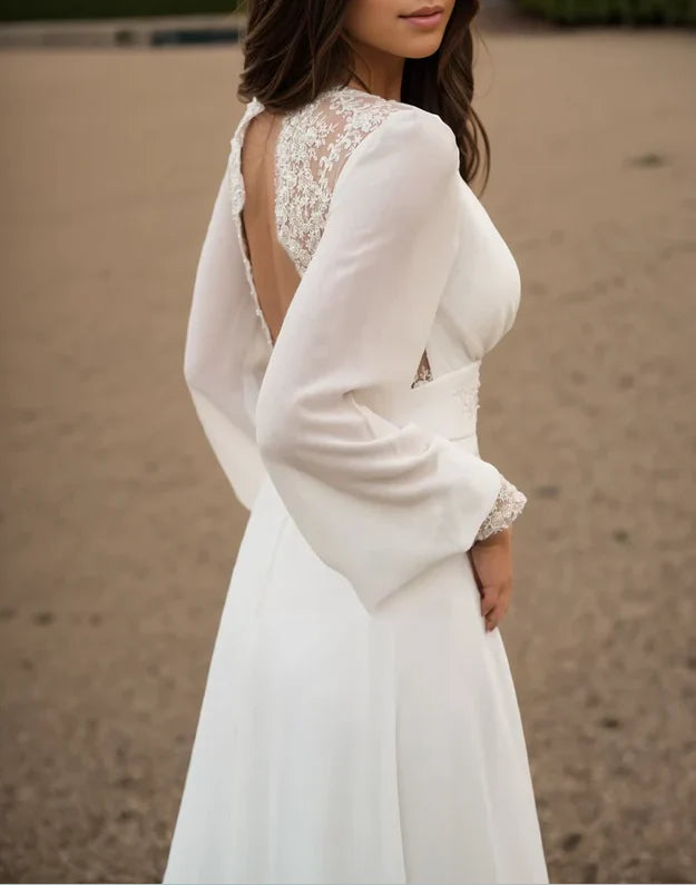 Floor Length Ivory lace  long-sleeve button back long train lace  chiffon Wedding Dresses