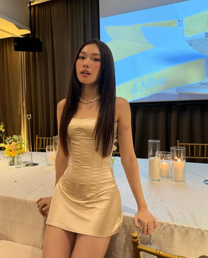 Simple Sheath Strapless Corset Champagne Off Shoulder Satin Short Homecoming Dress