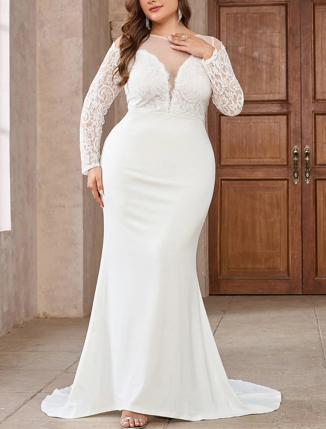 Floor Length Lace Wedding Dresses Mermaid Neck Long SleeveBridal Gowns With Appliques