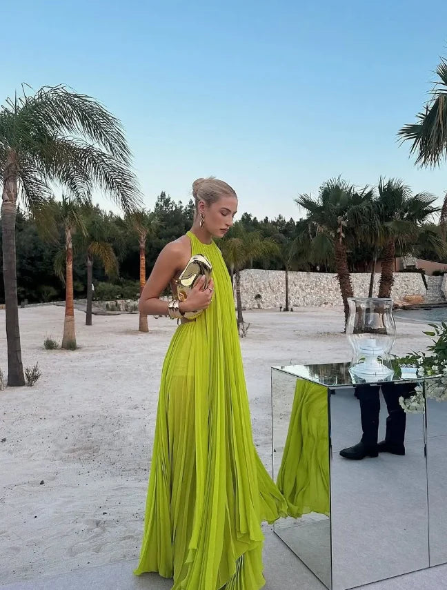 Green A LineChiffon Open Back Long Prom Dress Halter Evening Dress