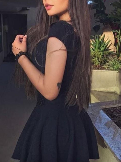 Bridelily A-Line V-Neck Sleeveless Lace Satin Two Piece Short Homecoming Dresses