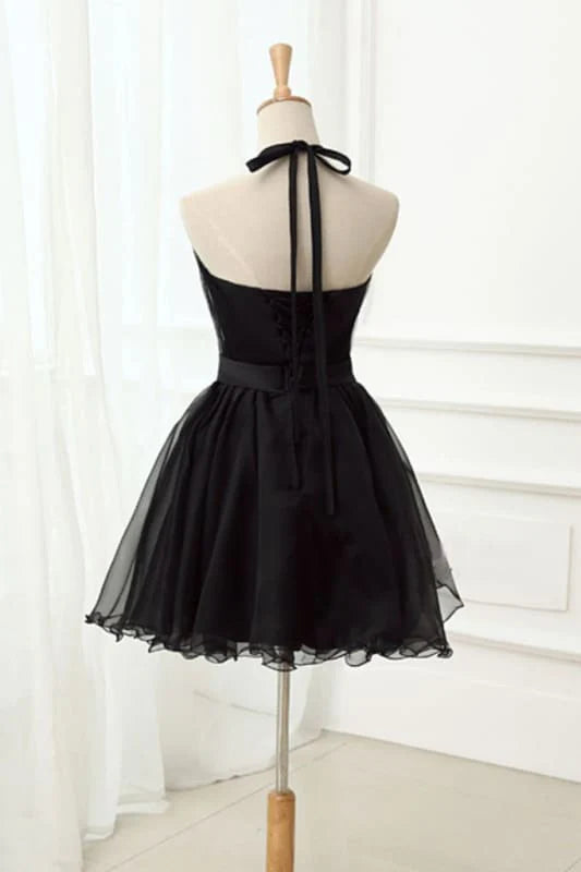 Cute Little Black Short Prom Dresses Halter Sleeveless Tulle Homecoming Dresses