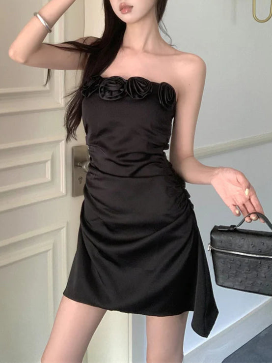 Full of charm three-dimensional flower tube top A-line off shoulder party dress