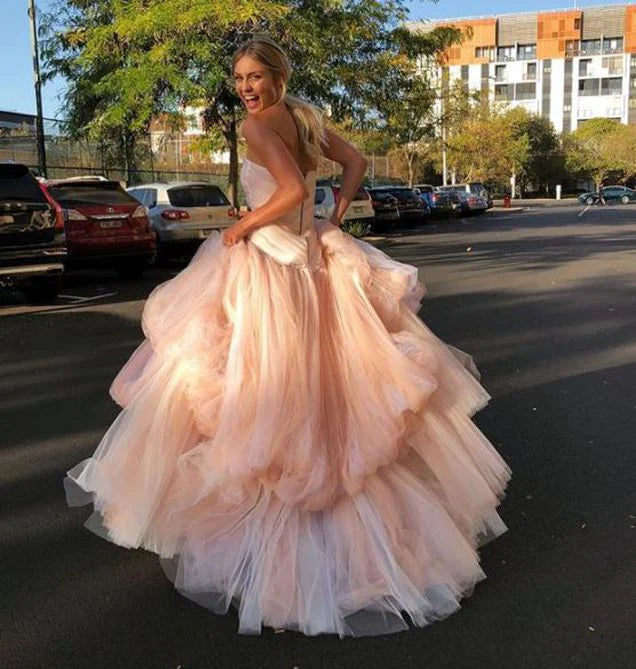 Light pink tulle long prom dress