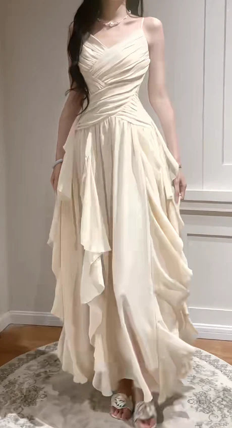 Spaghetti Straps A-Line Chiffon Long Prom Dresses Elegant Apricot Birthday Evening Gowns