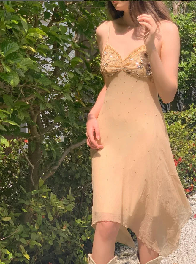 Vintage A Line Chiffon Homecoming Dress Spaghetti Strap Beaded Evening Dress