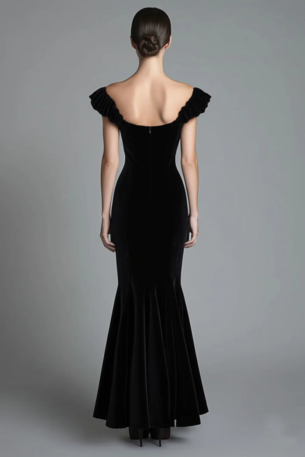 Off The Shoulder Mermaid Black Velvet Long Slim-fit Formal Prom Dress