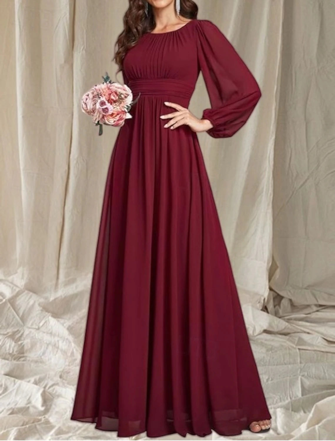 A-Line Mother of the Bride Dress Wedding Guest Elegant Crew Neck Floor Length Chiffon Long Sleeve with Pleats Ruching
