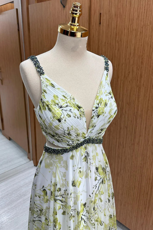 Chiffon Fabric Floral Print Floor Length Beaded V-Neck Chiffon Maxi Dress