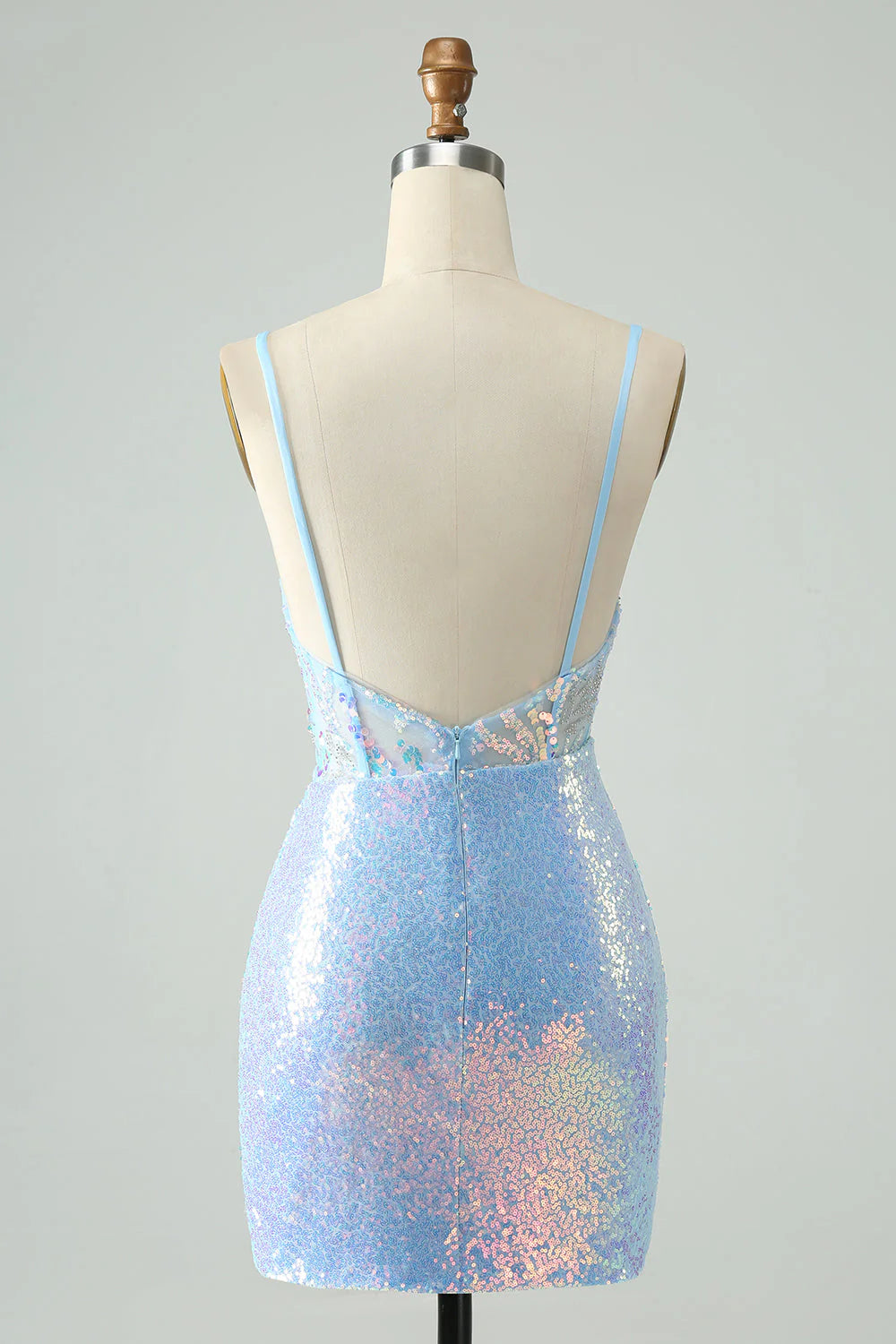 Glitter Spaghetti Straps Light Blue Tight Short Homecoming Dress With Sequins