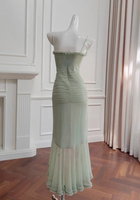 Pea Green Suspender Long Appropriate color matching Slim-fit Party Dress