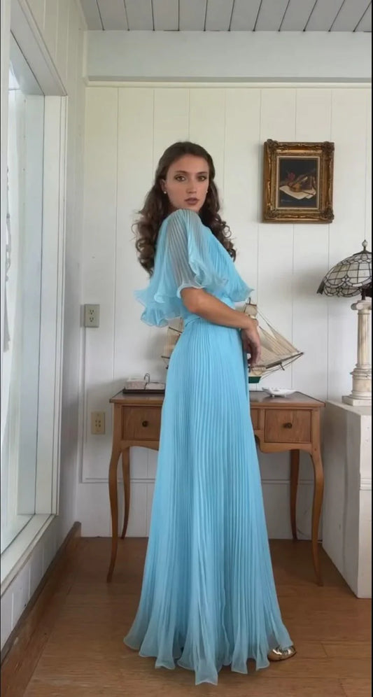 Gentle A Line Pleated Chiffon Long Evening Dress Round Neck Blue Party Dresses