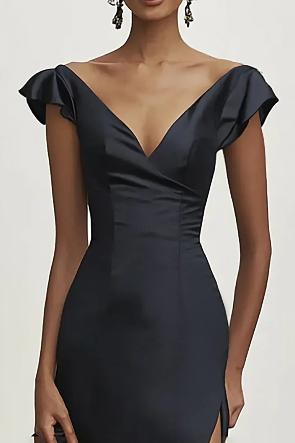 Sheath Black Satin Cap Sleeves Retract Your Waist Prom Dress With Slit