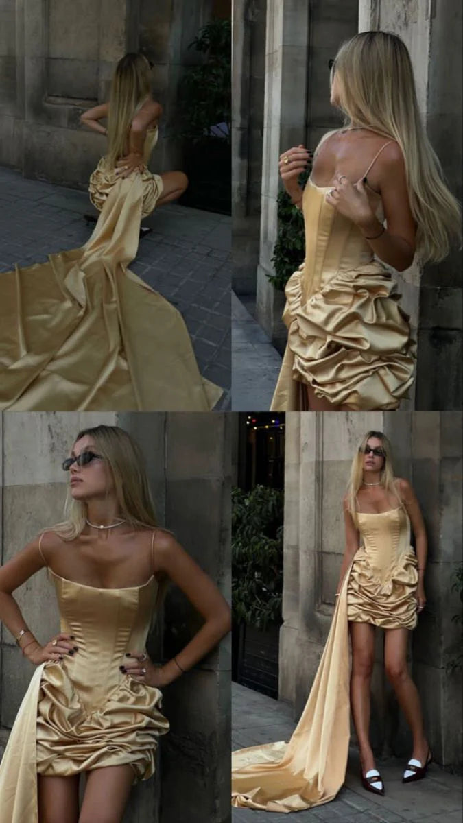 Spaghetti Straps Sheath Satin Short Prom Dresses Glam Yellow Homecoming Dresses