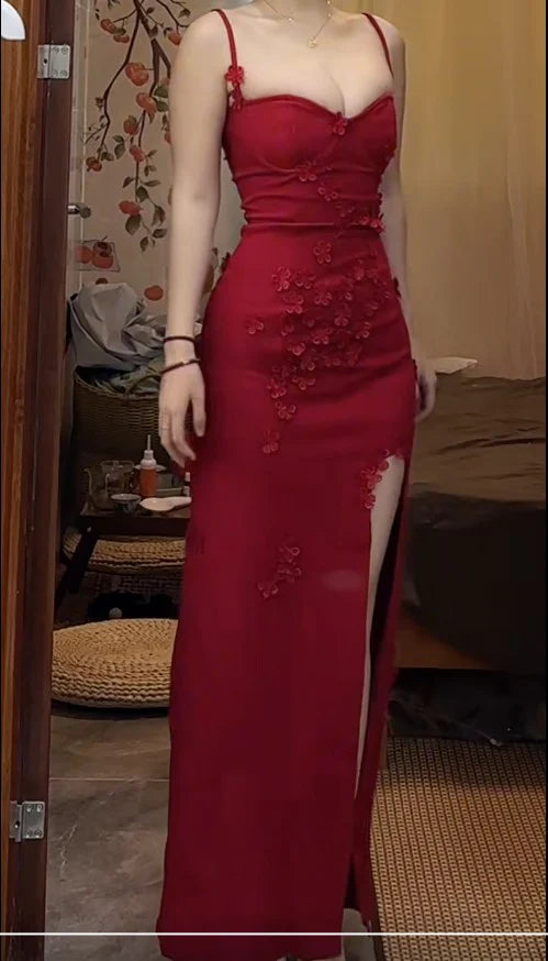 Spaghetti Strap Satin Bodycon Long Prom Dresses Elegant Red Evening Dresses with Slit