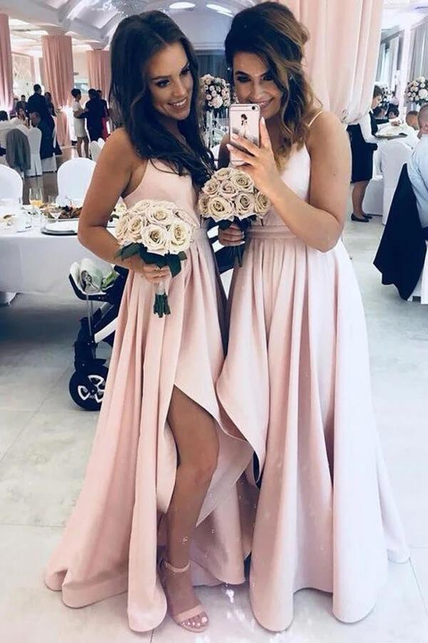 Simple Light Pink Spaghetti Straps Long Bridesmaid Dresses With Slit