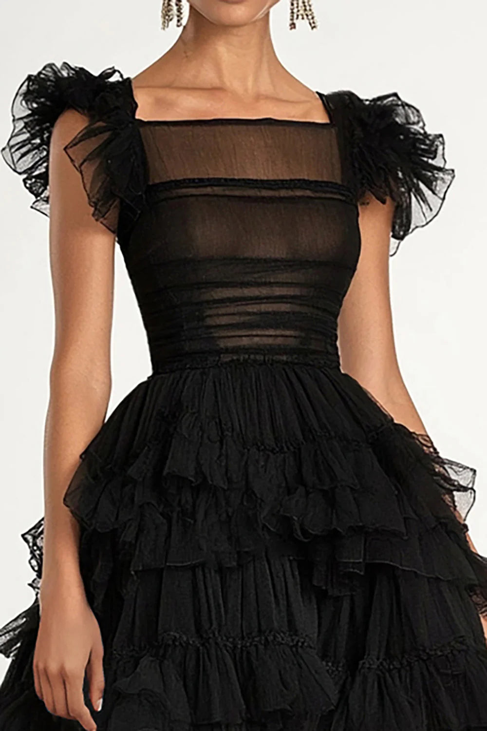 Flatter Sleeves Ruffles Black A-Line Tulle Tea Length Formal Dress