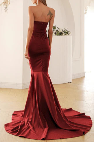 Burgundy Strapless Side Slit Off Shoulder Mermaid Long Evening Dress