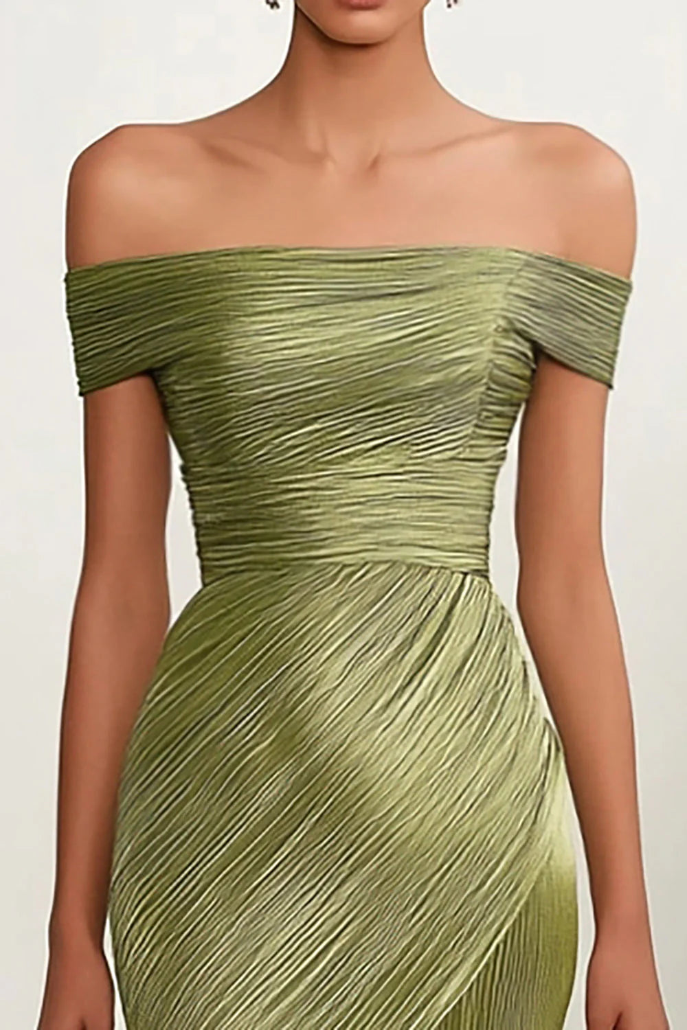 Off The Shoulder Metallic Satin Green Sheath Red Carpet Dress