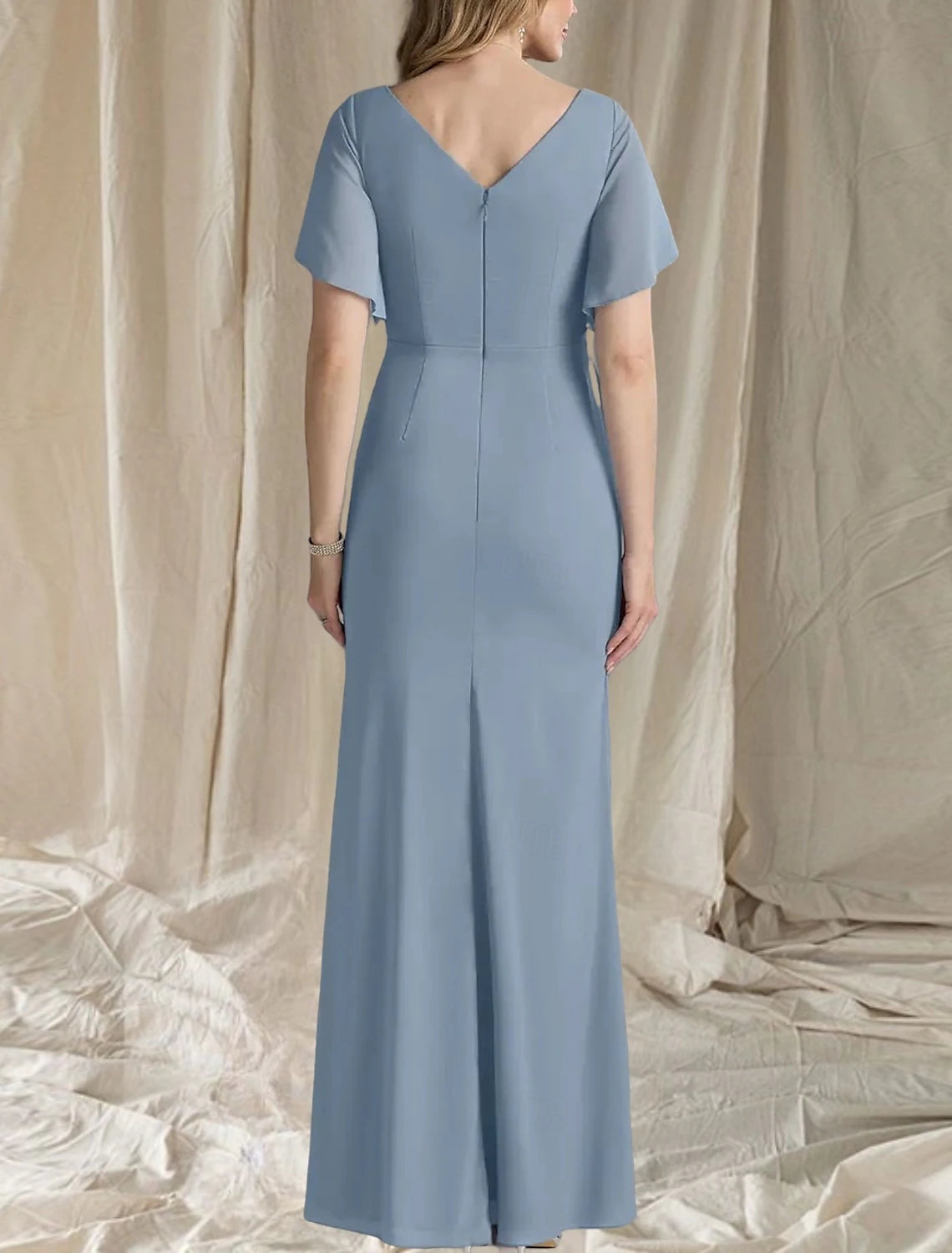 A-Line Mother of the Bride Dress Wedding Guest Elegant Sweet V Neck Floor Length Chiffon Short Sleeve with Ruching Side-Draped