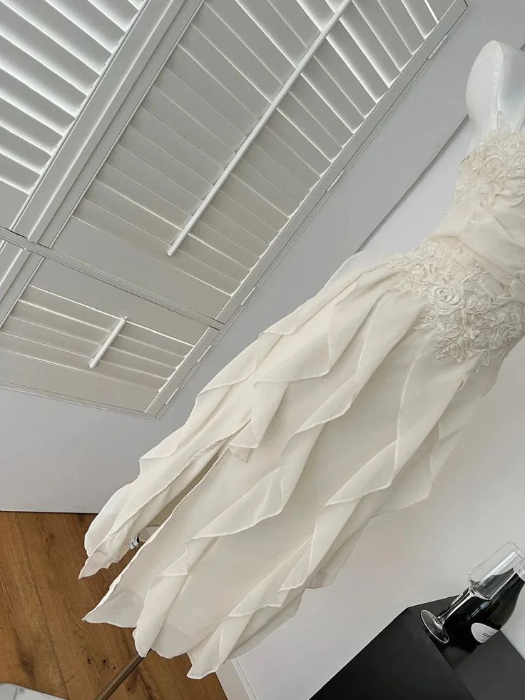 Cute A Line Spaghetti Strap Ruffle White Appliques Chiffon Party Dress