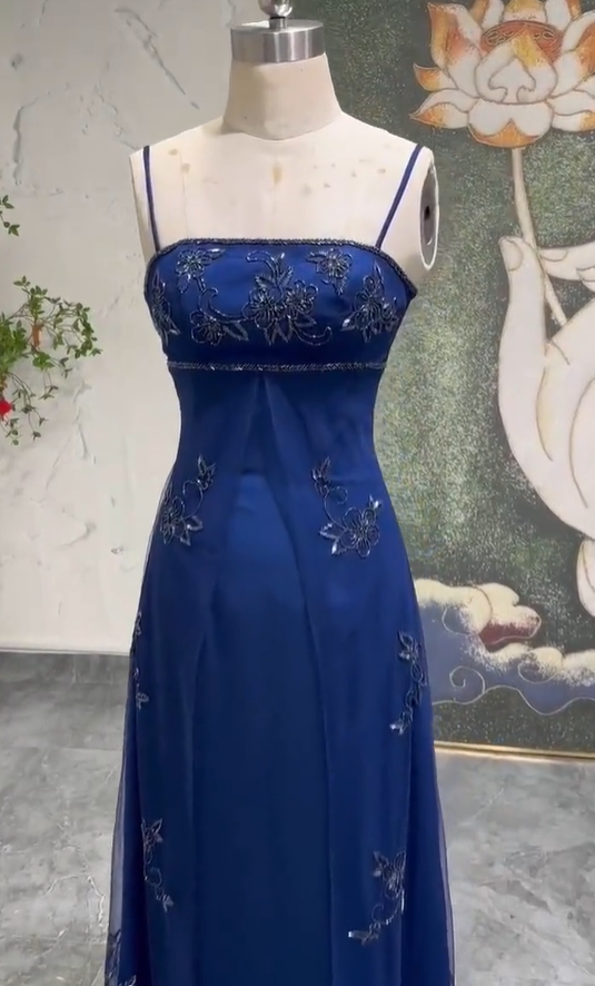Navy Blue Retract Your Waist Vintage Party Dress Spaghetti strap Prom Dress